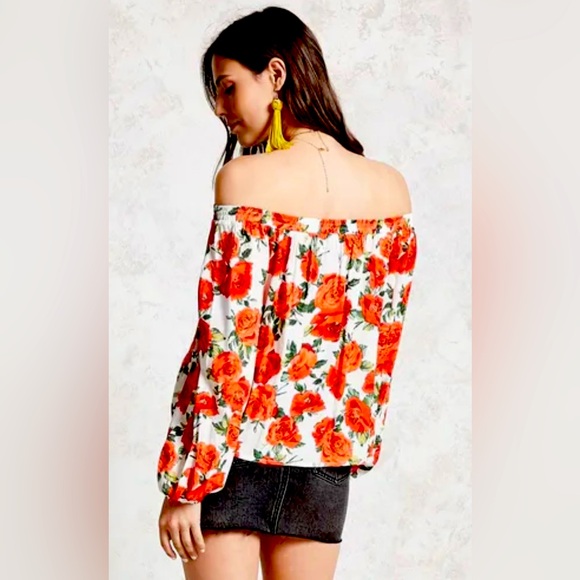 Forever 21 Rose Floral Print Off-the-Shoulder Flowy Top – White/Red – Size S/M - Picture 10 of 16